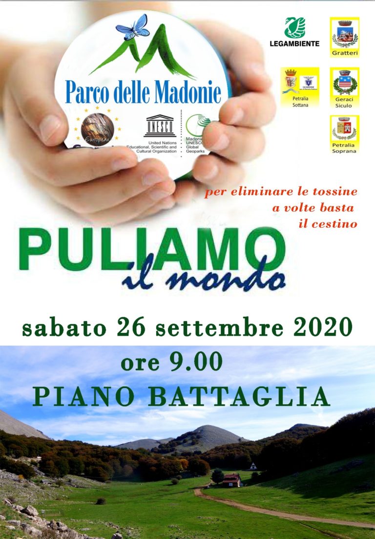ENTE PARCO DELLE MADONIE. LEGAMBIENTE. FEDERPARCHI. PULIAMO IL MONDO APPUNTAMENTO A PIANO BATTAGLIA SABATO 26 ORE 9.00