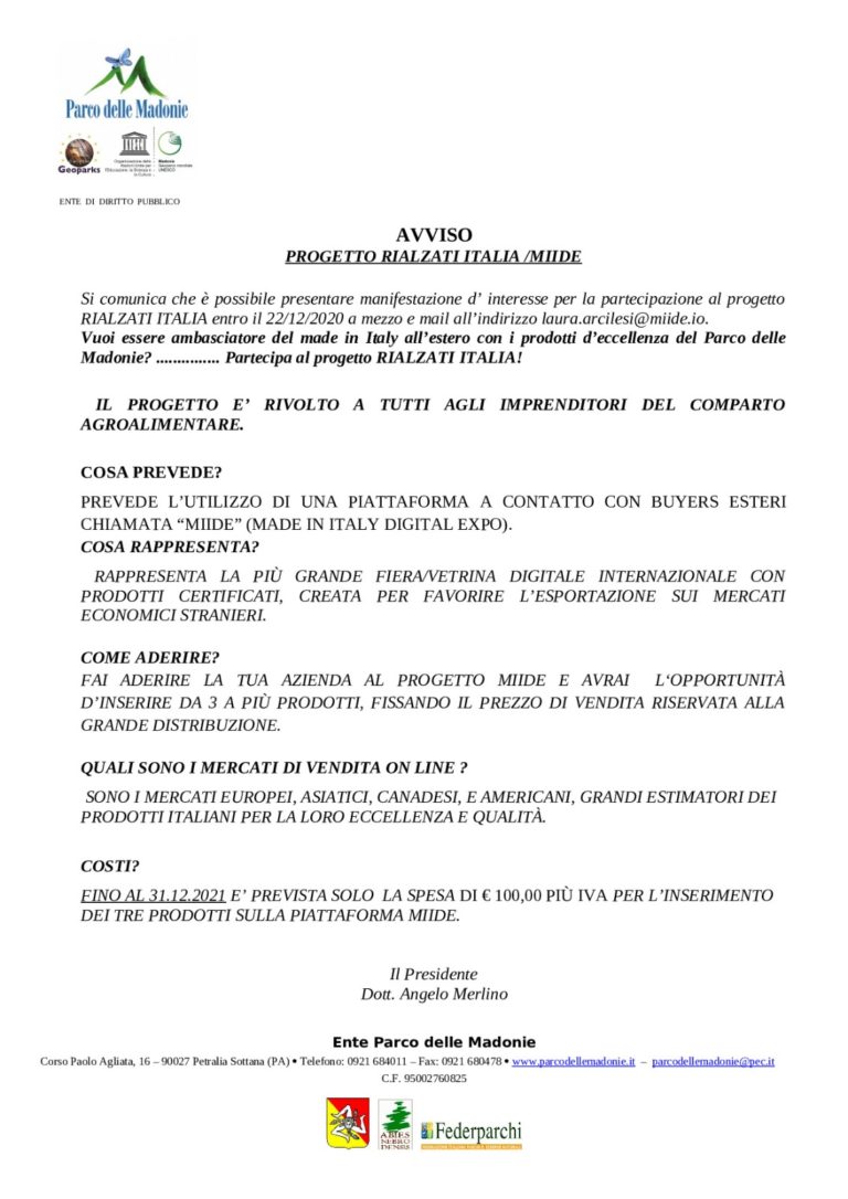 PROGETTO RIALZATI ITALIA PARTECIPAZIONE:   AVVISO