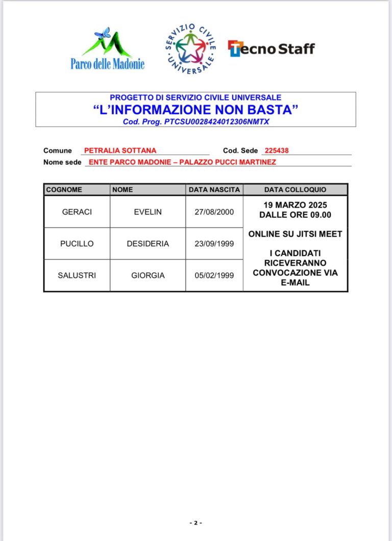 Progetto “L’informazione non basta” piano di Servizio Civile universale per l’anno 2025 attivato dall’ente Parco delle Madonie. i Candidati alle selezione.