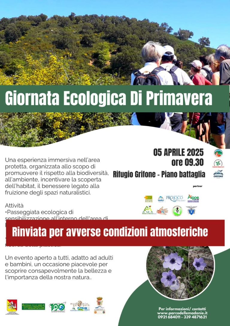 AVVISO!!! Si comunica che la prevista “Giornata Ecologica di Primavera” è rinviata a causa delle, impreviste, avverse condizioni atmosferiche. Sarà nostra cura comunicarvi la nuova data della manifestazione.