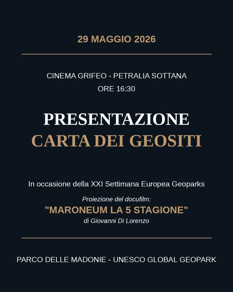 Cinema Grifeo:”Le Madonie: Un Parco da raccontare…”. Proiezione del docufilm “Maroneum la 5 stagione” di Giovanni Di Lorenzo.Inoltre sarà presentata la CARTA DEI GEOSITI
