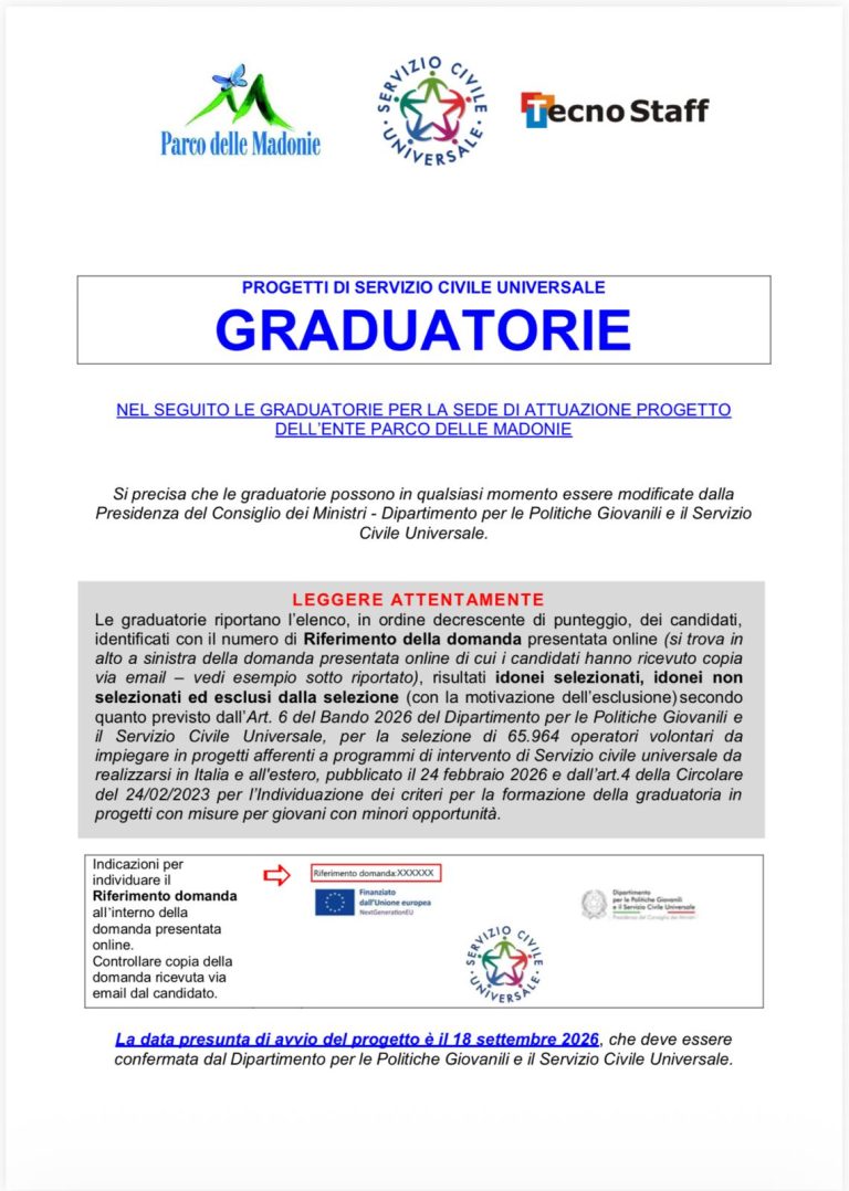 SERVIZIO CIVILE UNIVERSALE: PUBBLICATE LE GRADUATORIE FINALI