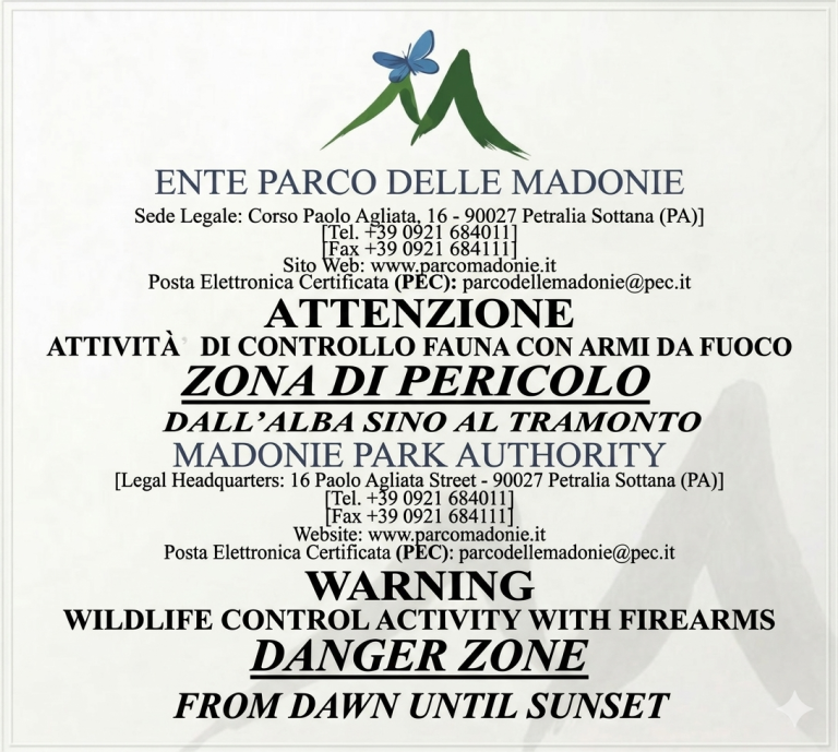 ZONA DI PERICOLO:ATTIVITA’ DI CONTROLLO FAUNA CON ARMI DA FUOCO NON INOLTRARSI-Geraci Siculo Martedì 15 Settembre 2026